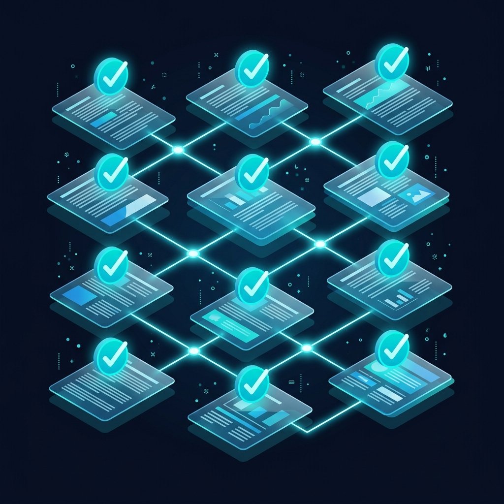 Documentos e relatórios em grid com checkmarks luminosos e linhas de conexão, ilustrando a análise automática em lote de entregas e contratos