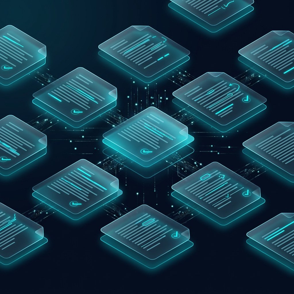 Documentos flutuando em grid isométrico com marcações de correção e checkmarks em cyan, representando análise automática em lote