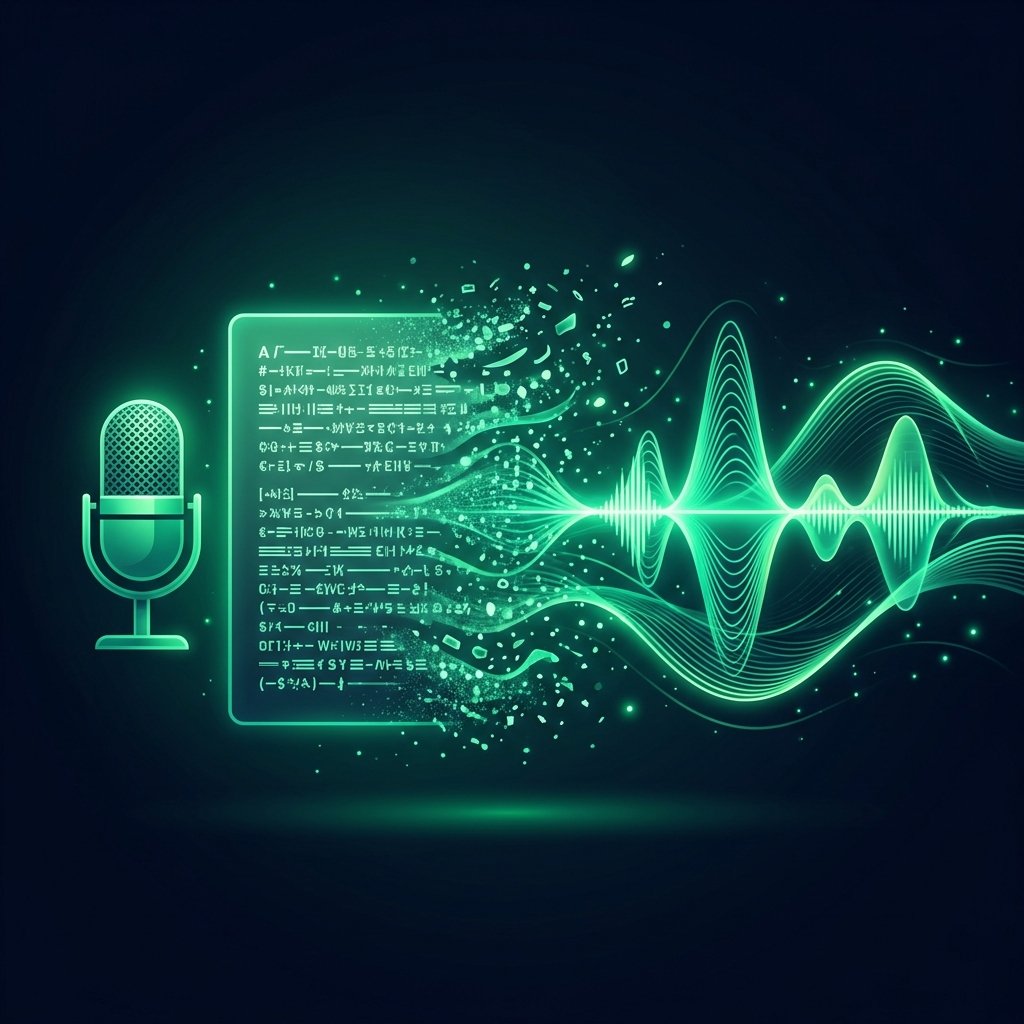 Texto de roteiro se dissolvendo em ondas sonoras verdes com microfone profissional ao lado, representando geração automática de narrações em áudio