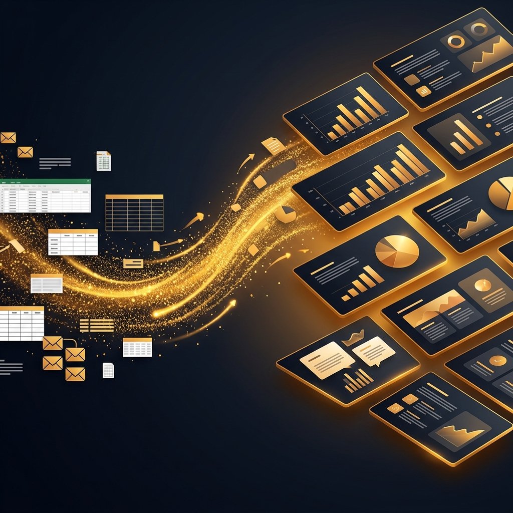 Dados brutos como e-mails e planilhas se transformando em slides profissionais com partículas douradas, representando geração automática de propostas